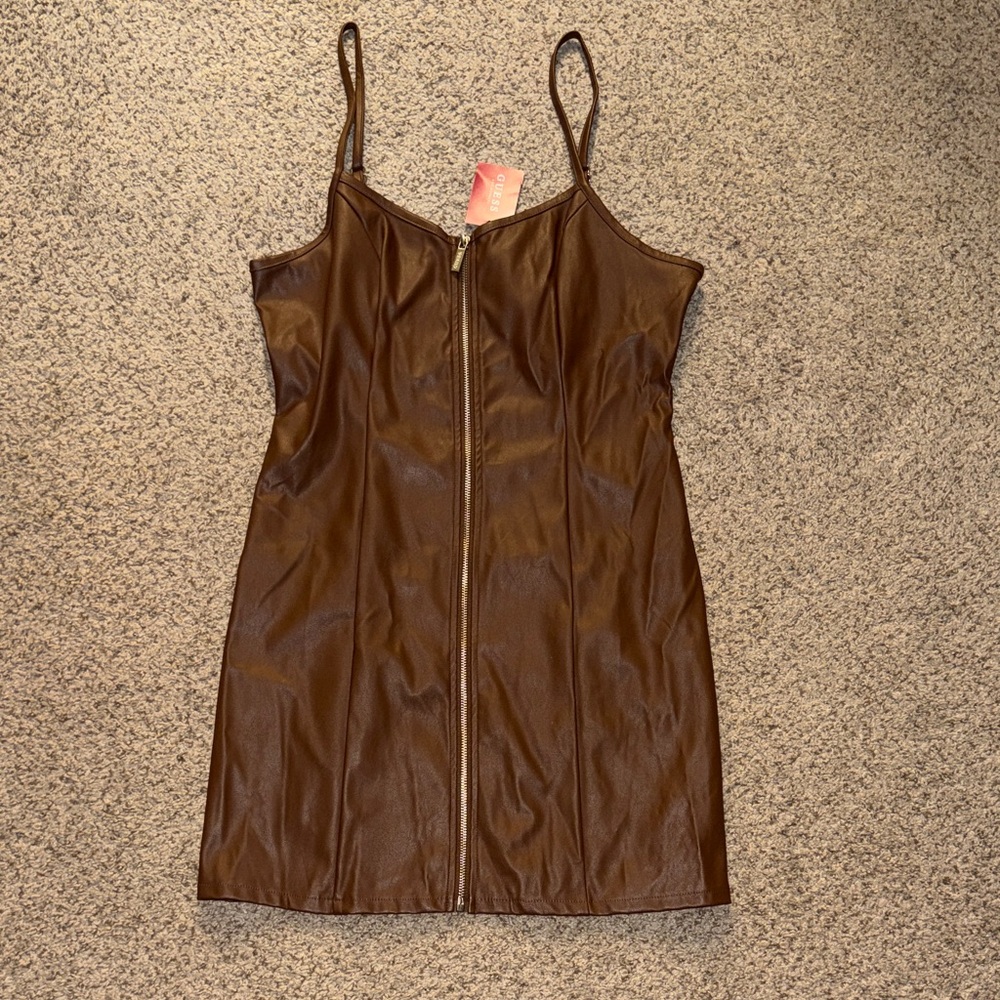 Guess Red Logo Tag with Brown Leather-Look Trim